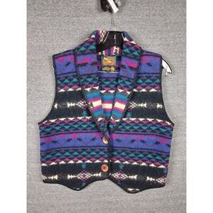 VTG Alps Womens Jacket Medium Black Blue Aztec 100% Wool Vest 90s 80s Classic
